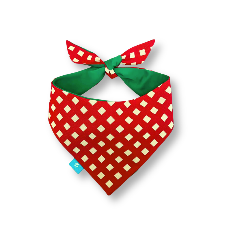 Red square pattern/green silky double-sided dog bandana