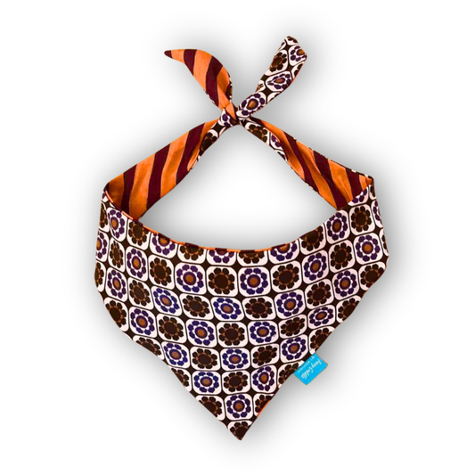 Оранжеви/лилави райета и цветя: двулицева бандана за куче