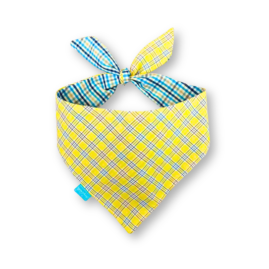 Yellow tartan/blue checkered double-sided dog bandana