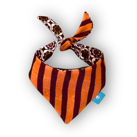 Оранжеви/лилави райета и цветя: двулицева бандана за куче