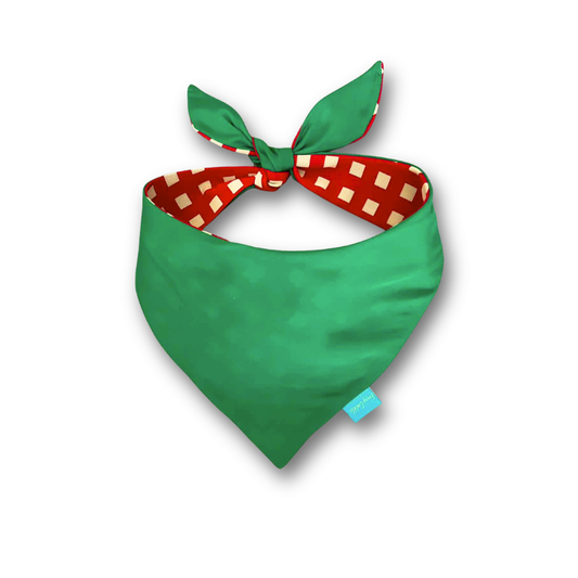 Red square pattern/green double-sided dog bandana
