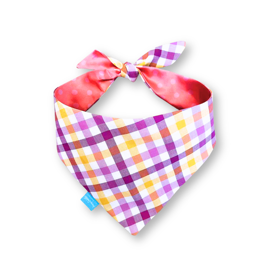 Pink dots/tartan double-sided dog bandana