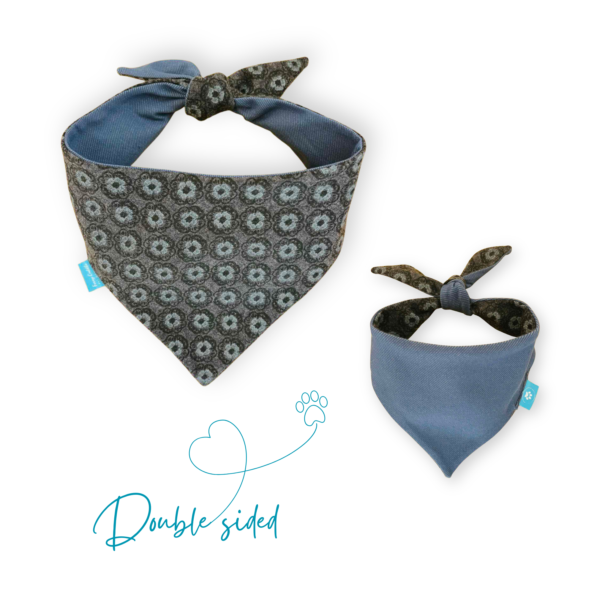 Цветя/синя двулицева кашмирена бандана за куче