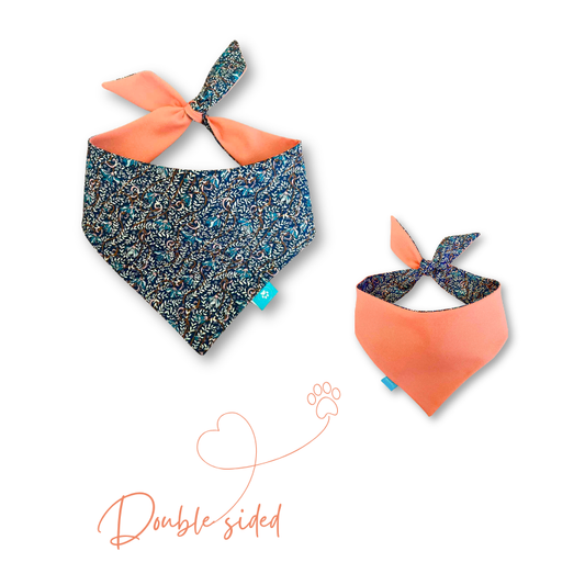 Orange/blue leaves double-sided dog bandana