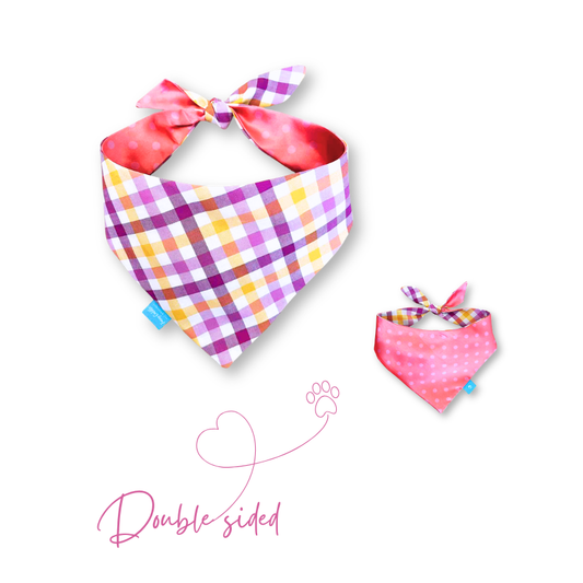 Pink dots/tartan double-sided dog bandana