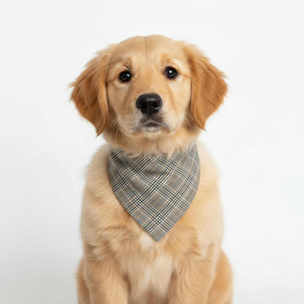 Dog wearing a plaid bandana on a white background