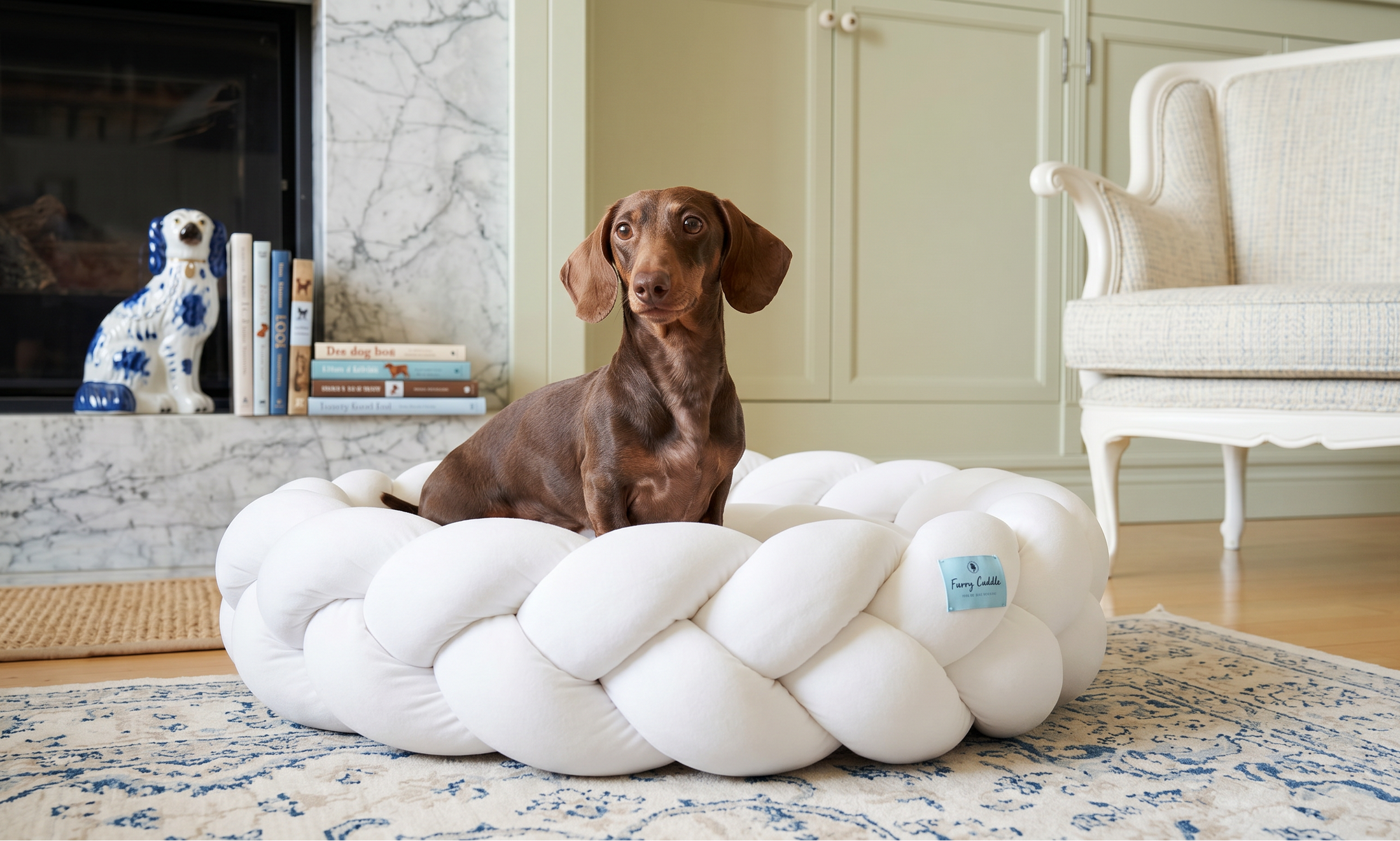 Dog lying on a large white braided pet bed in a cozy living room.