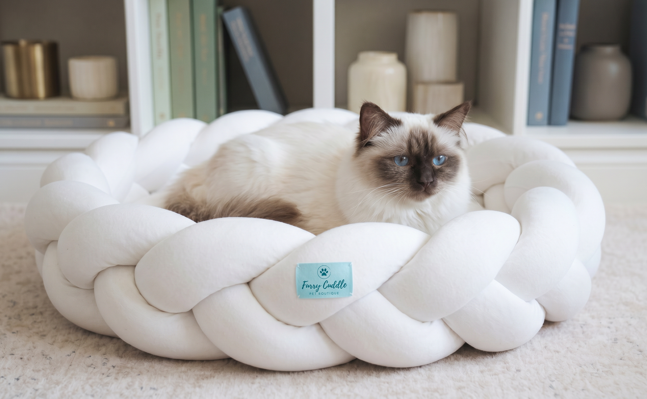 Cat lying on a braided white pet bed with a visible brand tag Furry Cuddle in a home setting.