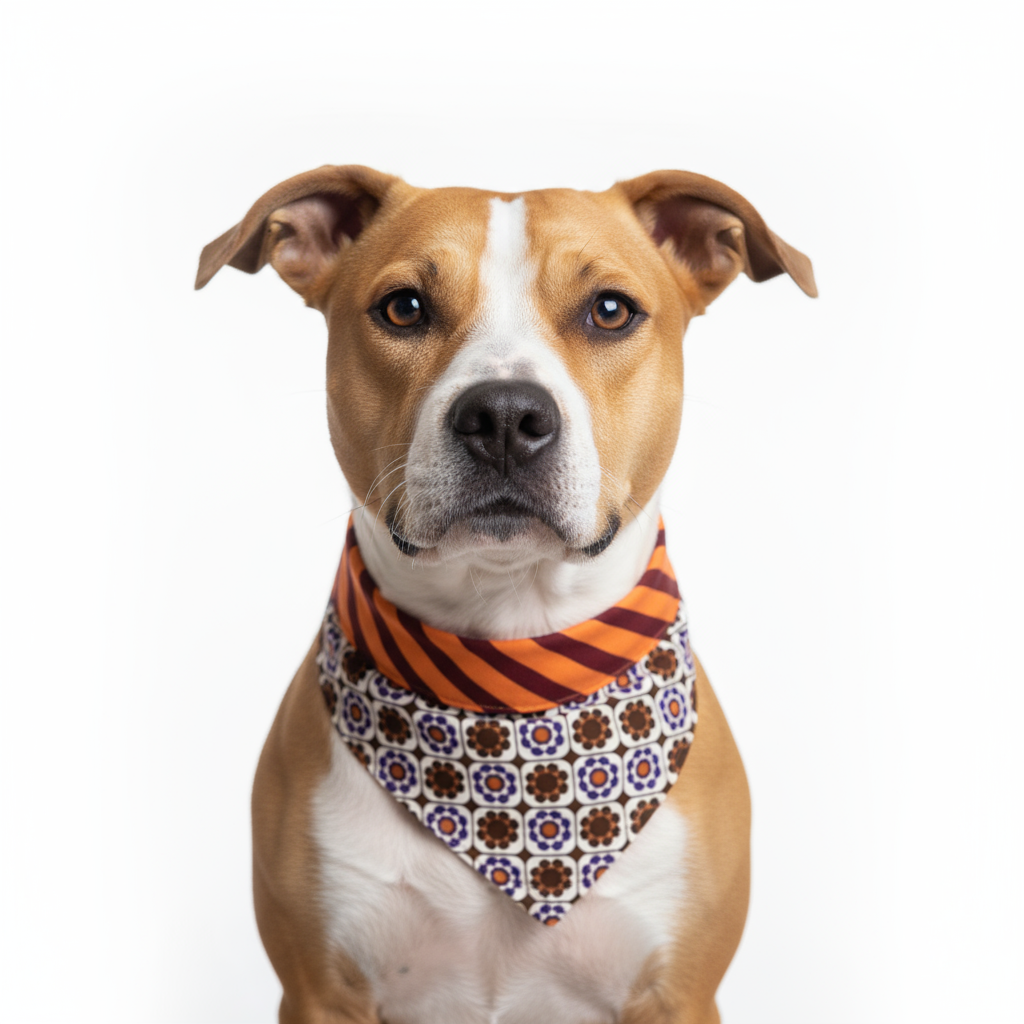 Оранжеви/лилави райета и цветя: двулицева бандана за куче